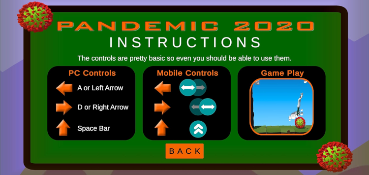 Instructions Basic game instructions for Pandemic 2020 platformer